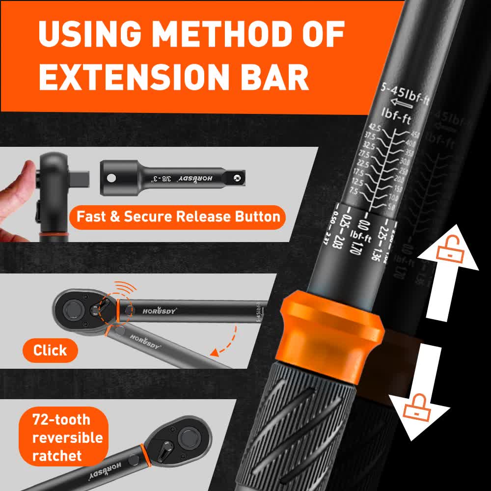 4pc Click Torque Wrench Set | 3/8" Drive | Ratchet + Adaptor + Extension | Workshop