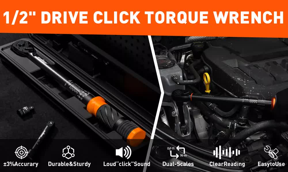 3pc Click Torque Wrench Set | 1/2" Drive | Ratchet + Adaptor + Extension | Workshop