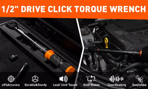 3pc Click Torque Wrench Set | 1/2" Drive | Ratchet + Adaptor + Extension | Workshop