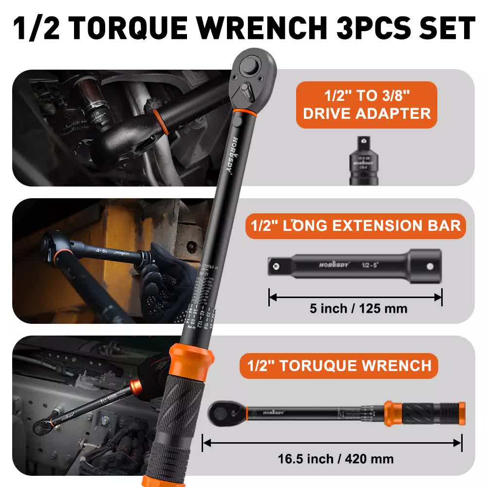 3pc Click Torque Wrench Set | 1/2" Drive | Ratchet + Adaptor + Extension | Workshop