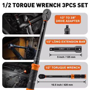 3pc Click Torque Wrench Set | 1/2" Drive | Ratchet + Adaptor + Extension | Workshop