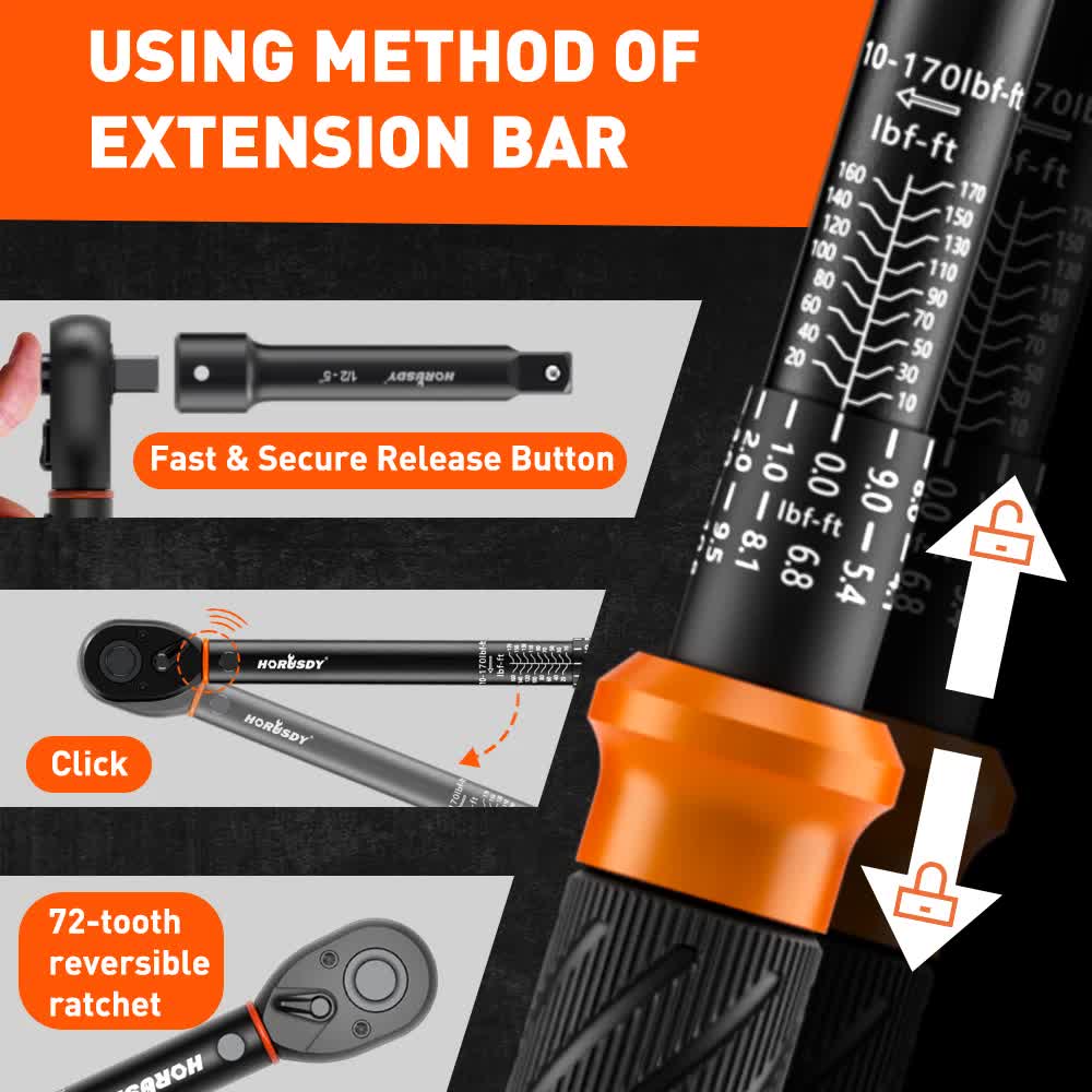 3pc Click Torque Wrench Set | 1/2" Drive | Ratchet + Adaptor + Extension | Workshop