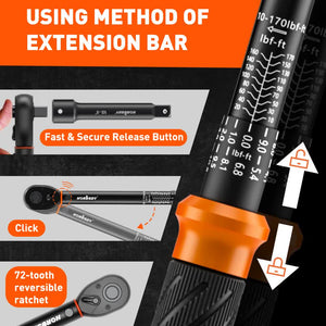 3pc Click Torque Wrench Set | 1/2" Drive | Ratchet + Adaptor + Extension | Workshop