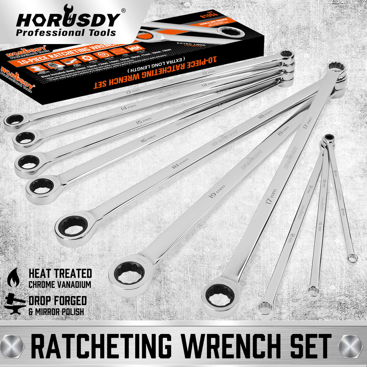HORUSDY Ratchet Spanner Set | 10-Piece | Extra Long Aviation Wrench | 8-19mm | Storage Pouch