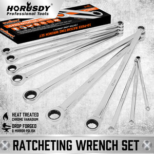 HORUSDY Ratchet Spanner Set | 10-Piece | Extra Long Aviation Wrench | 8-19mm | Storage Pouch