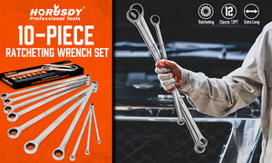 HORUSDY Ratchet Spanner Set | 10-Piece | Extra Long Aviation Wrench | 8-19mm | Storage Pouch