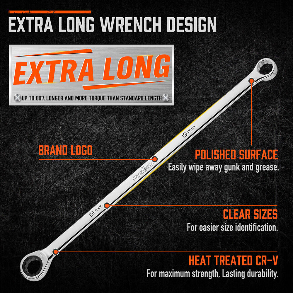 HORUSDY Ratchet Spanner Set | 10-Piece | Extra Long Aviation Wrench | 8-19mm | Storage Pouch