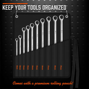 HORUSDY Ratchet Spanner Set | 10-Piece | Extra Long Aviation Wrench | 8-19mm | Storage Pouch