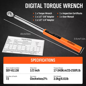 3pc Digital Torque Wrench Set | 1/2" Drive | 17–340Nm | 25–250ft.lb | Motorcycle Use