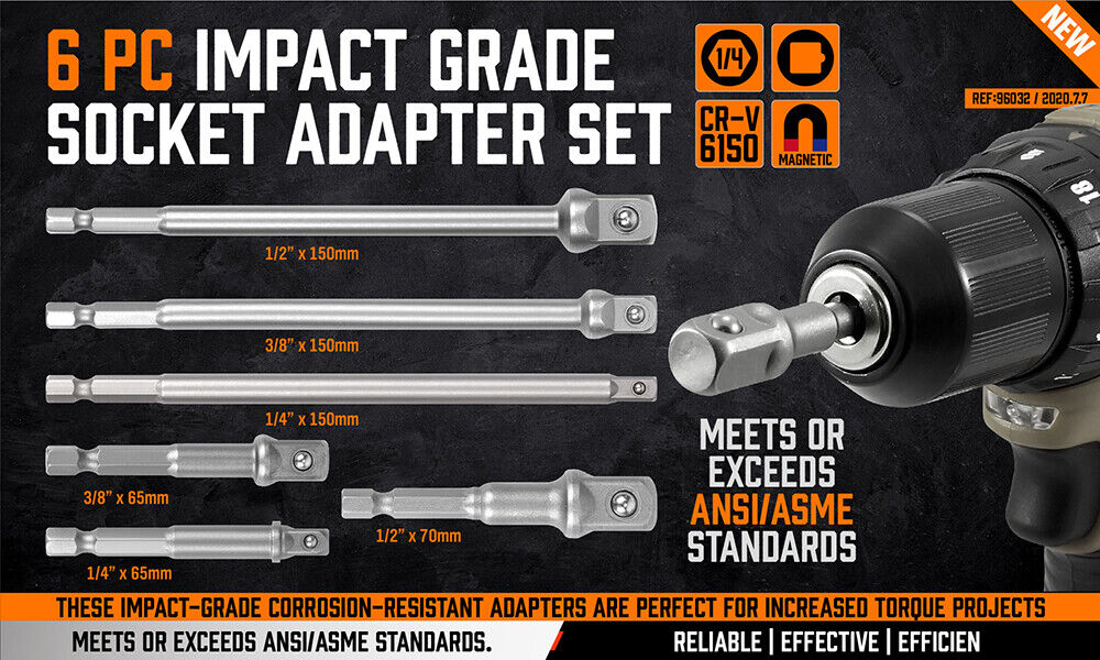 Drill Socket Adapter Set | 6-Piece | Long & Short Impact Nut Driver | 1/4", 3/8", 1/2" Extension