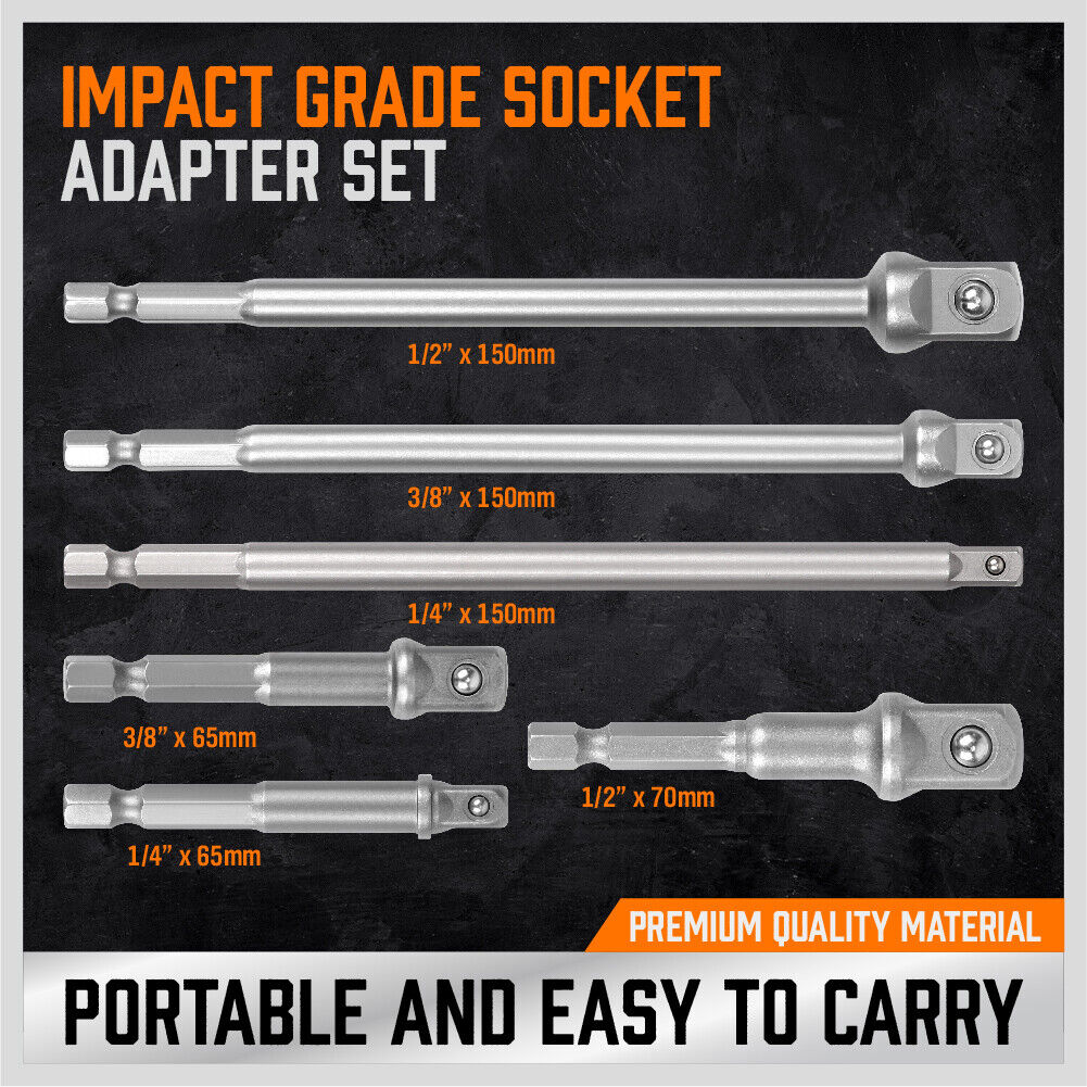 Drill Socket Adapter Set | 6-Piece | Long & Short Impact Nut Driver | 1/4", 3/8", 1/2" Extension