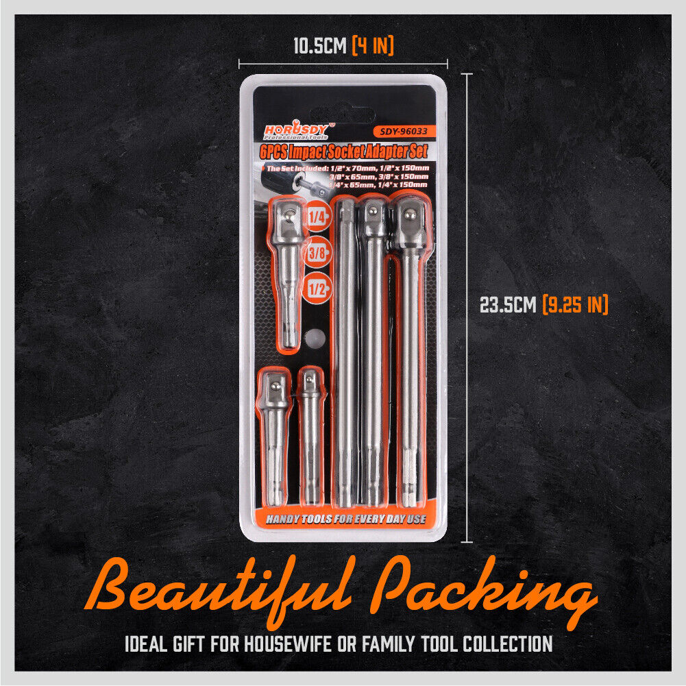 Drill Socket Adapter Set | 6-Piece | Long & Short Impact Nut Driver | 1/4", 3/8", 1/2" Extension