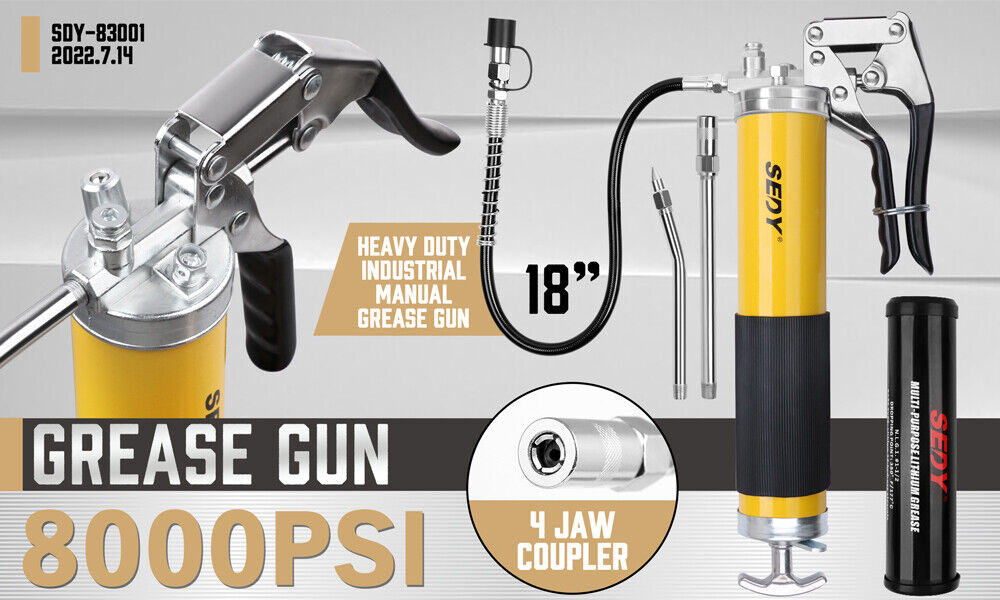Grease Gun | 18" Heavy Duty | 8000 PSI Pistol Grip Flex Hose | Barrel Cartridge Included