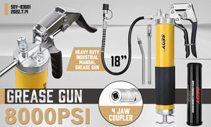 Grease Gun | 18" Heavy Duty | 8000 PSI Pistol Grip Flex Hose | Barrel Cartridge Included