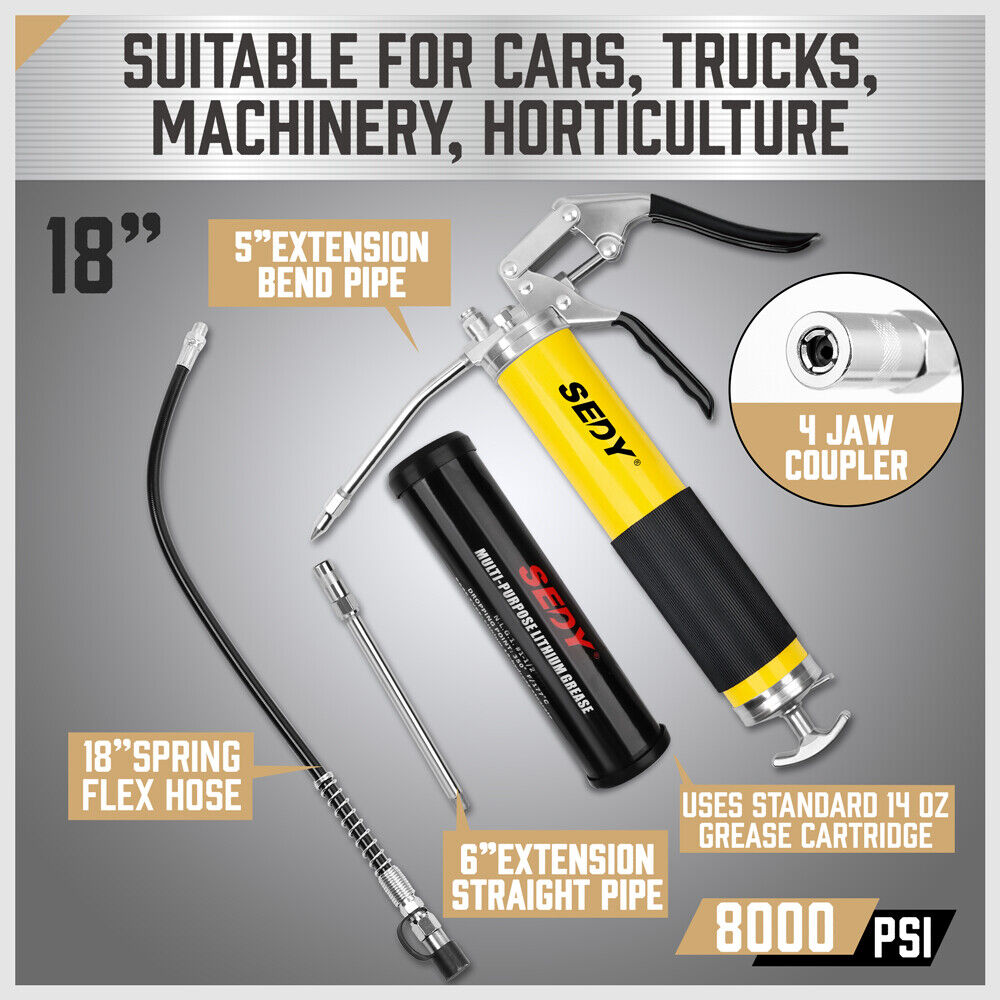 Grease Gun | 18" Heavy Duty | 8000 PSI Pistol Grip Flex Hose | Barrel Cartridge Included