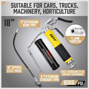 Grease Gun | 18" Heavy Duty | 8000 PSI Pistol Grip Flex Hose | Barrel Cartridge Included