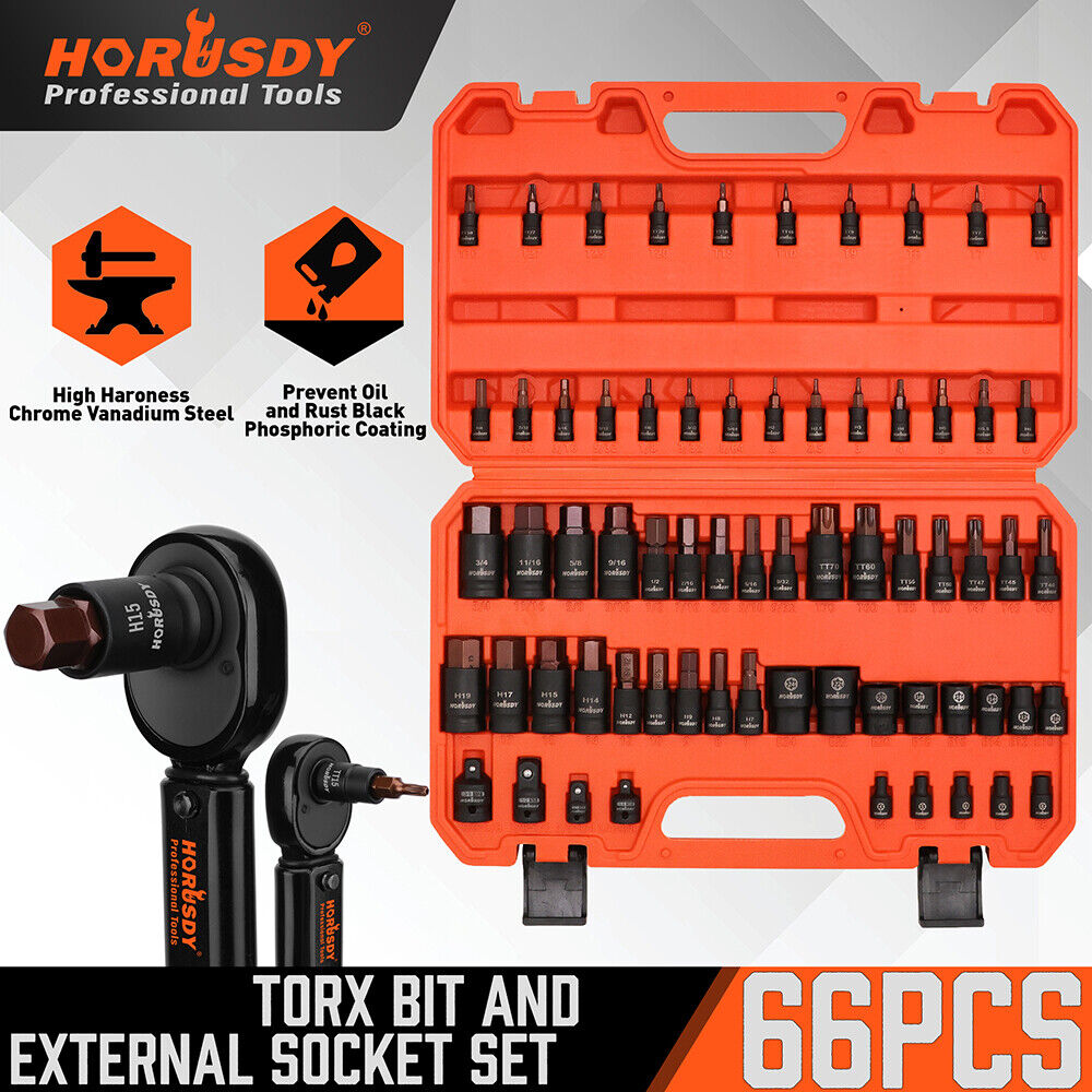 HORUSDY Torx Bit Socket Set | 66-Piece | Female External Sockets | Impact Adapter Included