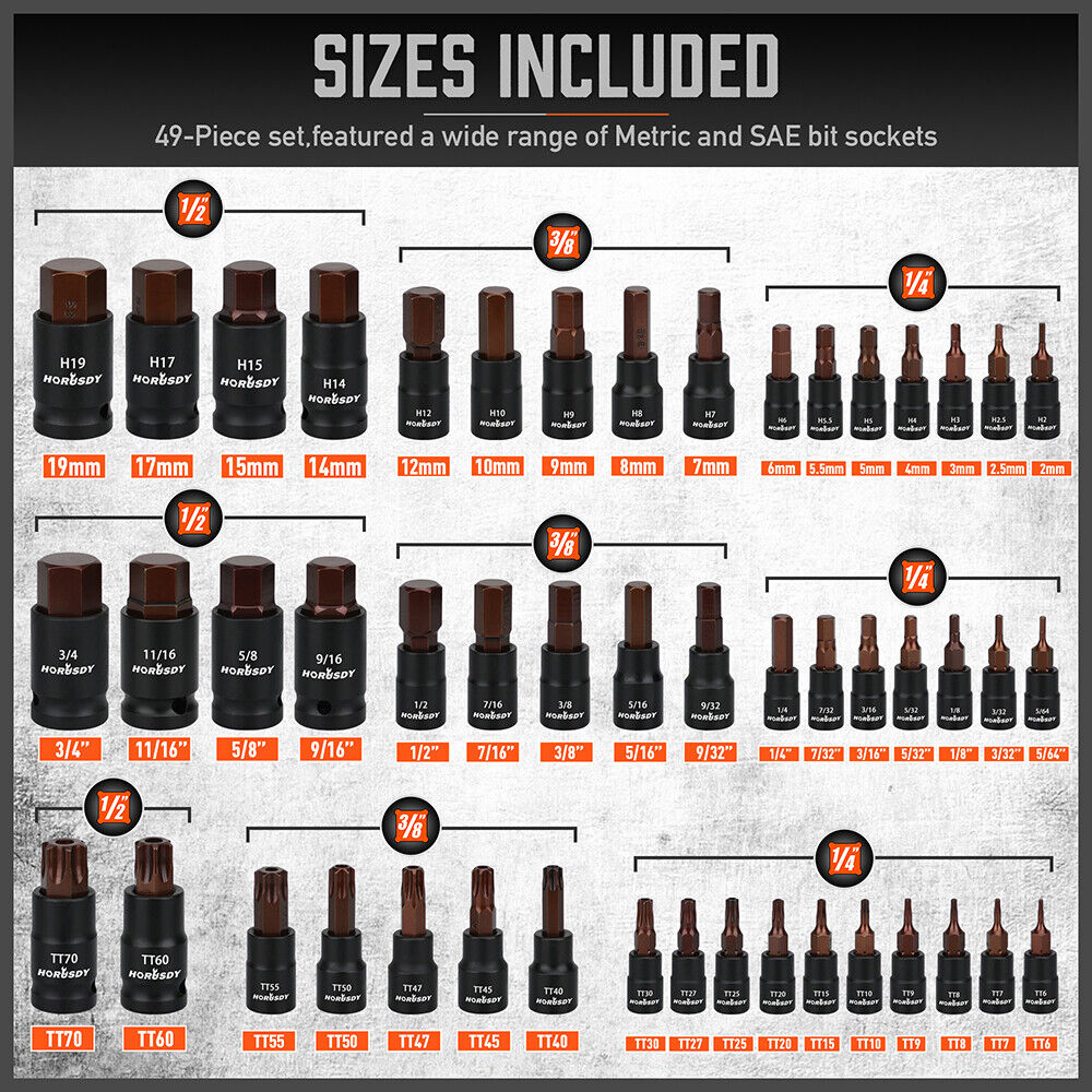 HORUSDY Torx Bit Socket Set | 66-Piece | Female External Sockets | Impact Adapter Included