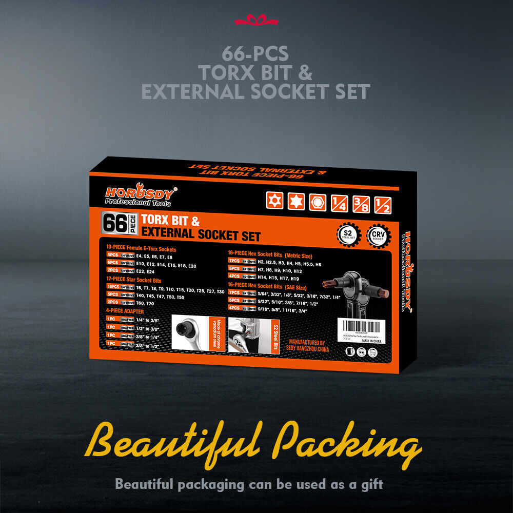 HORUSDY Torx Bit Socket Set | 66-Piece | Female External Sockets | Impact Adapter Included