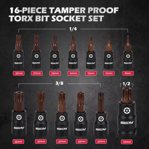 16-Piece Torx Star Bit Socket Set | Magnetic Socket Rail Organizer | T8-T60 Adapters