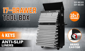 Grey 17-Drawer Tool Box Trolley | Storage Cabinet Cart | Garage Organizer Toolbox