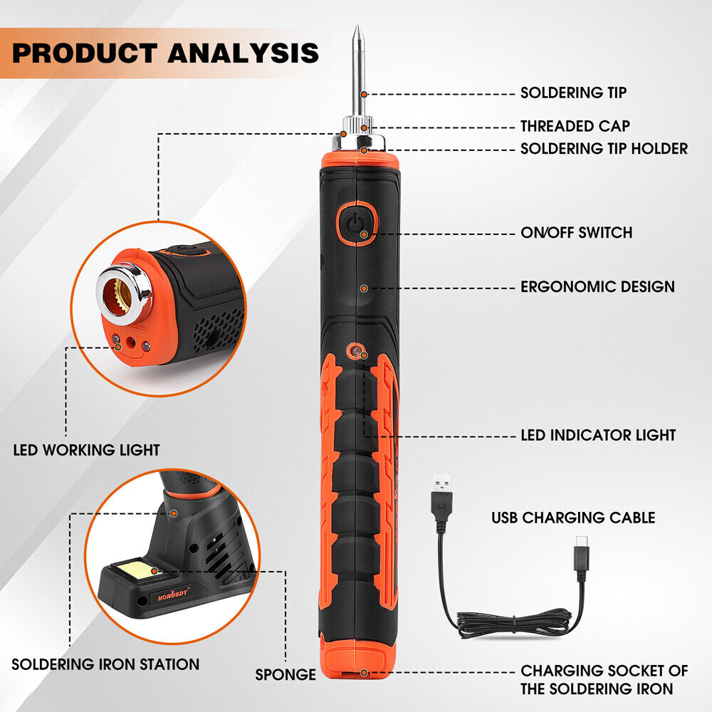HORUSDY 8W 4V Max Cordless Soldering Iron | Rechargeable | Lithium-Ion Battery