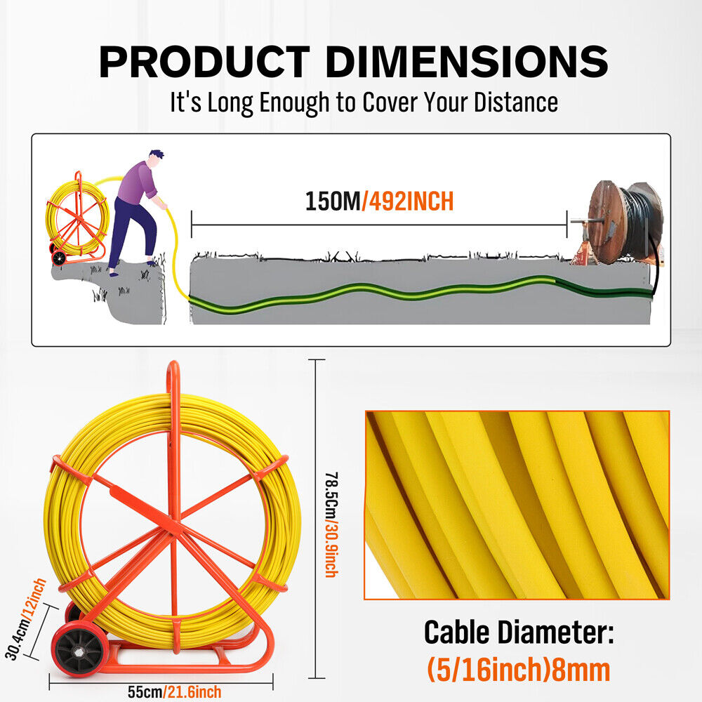 Fiberglass Fish Tape Puller | 150M x 8MM | Wire Cable Running Duct Rodder | Heavy Duty