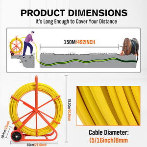 Fiberglass Fish Tape Puller | 150M x 8MM | Wire Cable Running Duct Rodder | Heavy Duty