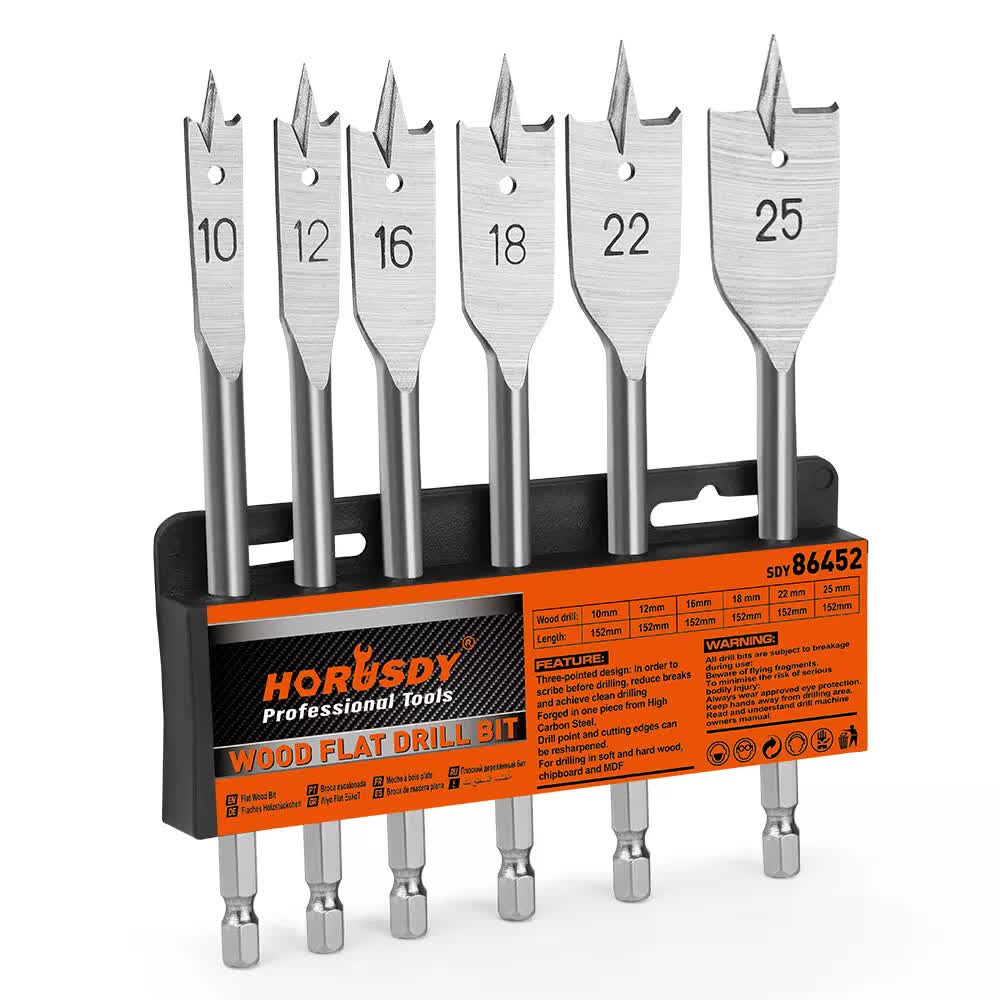 6-Piece Flat Wood Boring Spade Drill Bit Set | 10-25mm | 1/4" Shank