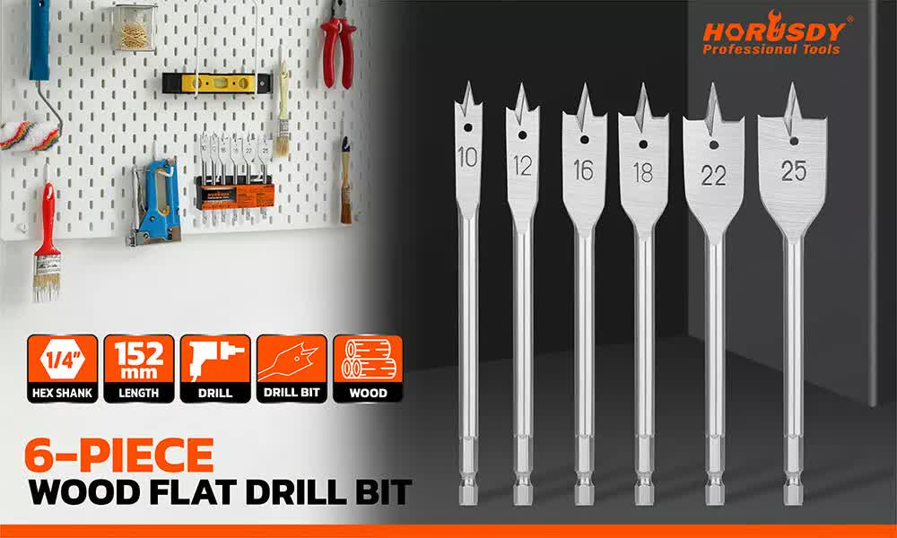 6-Piece Flat Wood Boring Spade Drill Bit Set | 10-25mm | 1/4" Shank