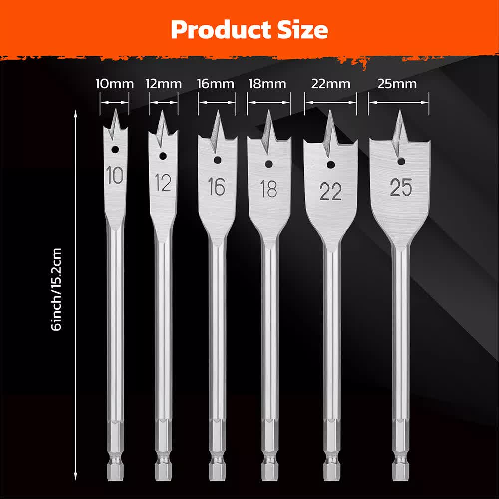 6-Piece Flat Wood Boring Spade Drill Bit Set | 10-25mm | 1/4" Shank