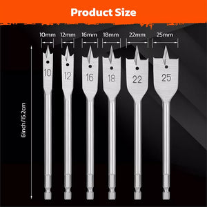 6-Piece Flat Wood Boring Spade Drill Bit Set | 10-25mm | 1/4" Shank