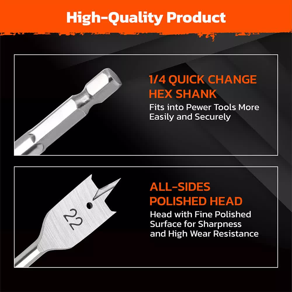 6-Piece Flat Wood Boring Spade Drill Bit Set | 10-25mm | 1/4" Shank