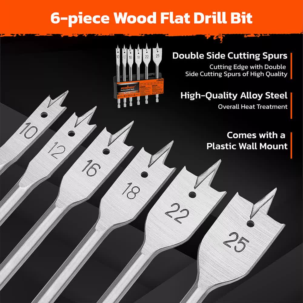 6-Piece Flat Wood Boring Spade Drill Bit Set | 10-25mm | 1/4" Shank