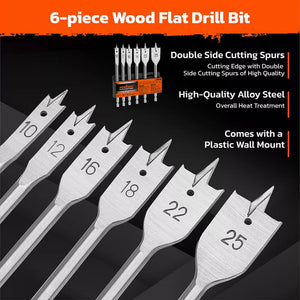 6-Piece Flat Wood Boring Spade Drill Bit Set | 10-25mm | 1/4" Shank