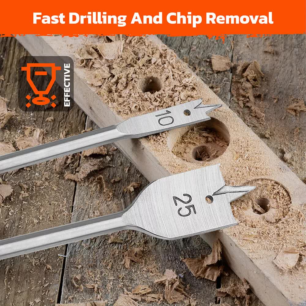 6-Piece Flat Wood Boring Spade Drill Bit Set | 10-25mm | 1/4" Shank