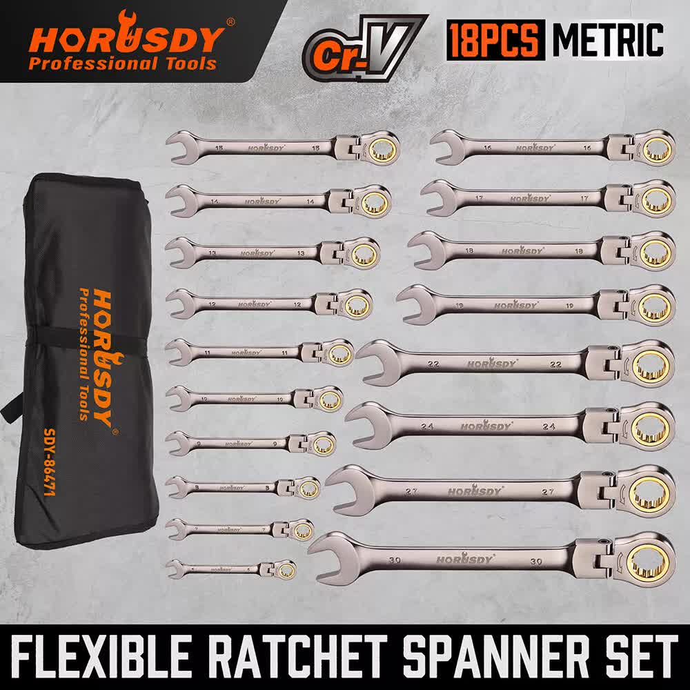 HORUSDY 18-Piece Flexi-Head Ratchet Spanner Set | Metric 6-30mm | Nickel Plated