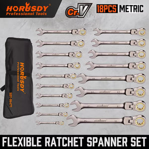 HORUSDY 18-Piece Flexi-Head Ratchet Spanner Set | Metric 6-30mm | Nickel Plated