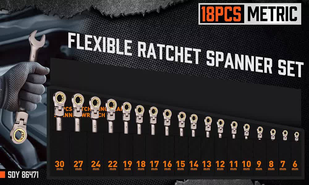 HORUSDY 18-Piece Flexi-Head Ratchet Spanner Set | Metric 6-30mm | Nickel Plated