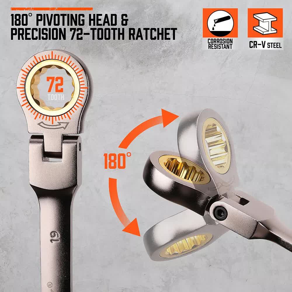 HORUSDY 18-Piece Flexi-Head Ratchet Spanner Set | Metric 6-30mm | Nickel Plated