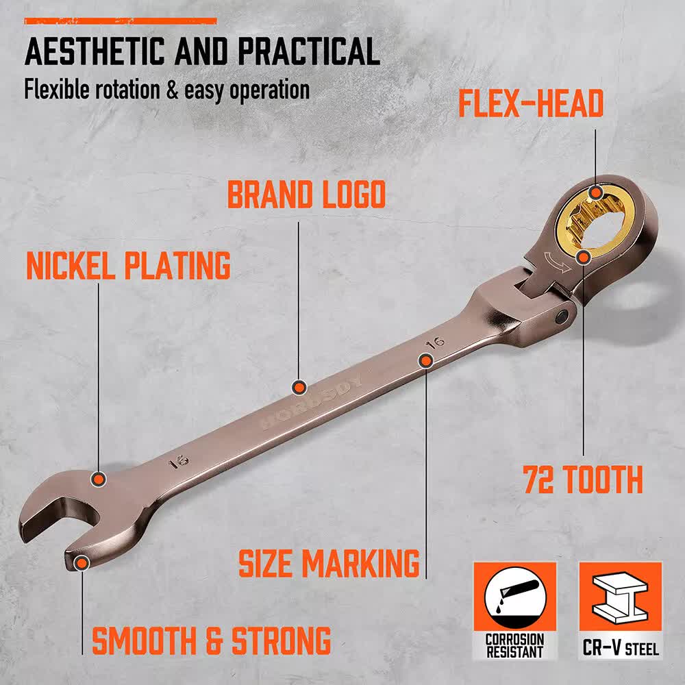 HORUSDY 18-Piece Flexi-Head Ratchet Spanner Set | Metric 6-30mm | Nickel Plated