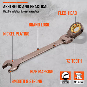 HORUSDY 18-Piece Flexi-Head Ratchet Spanner Set | Metric 6-30mm | Nickel Plated