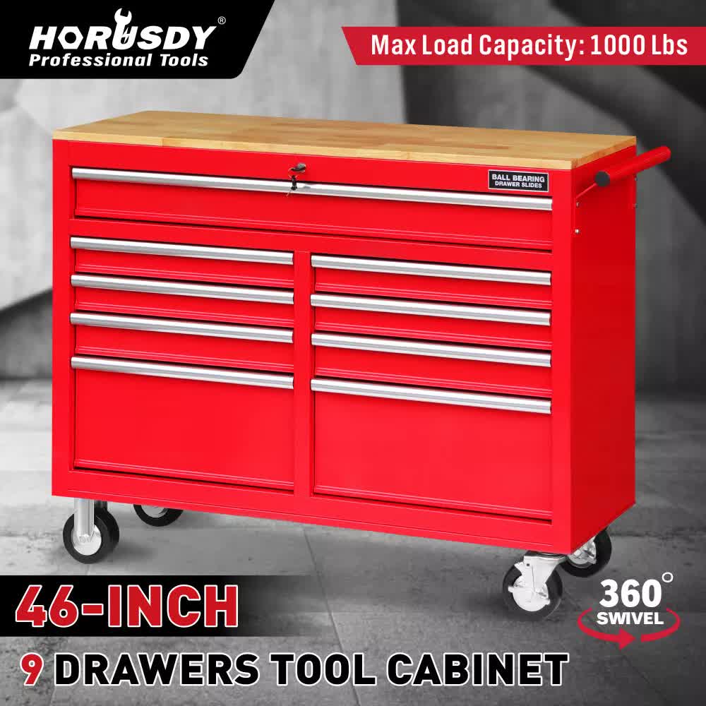 9-Drawer Tool Box Chest Cabinet | Trolley Box for Garage Storage | Red | 1000lbs Capacity
