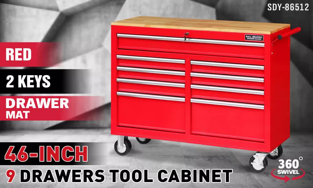 9-Drawer Tool Box Chest Cabinet | Trolley Box for Garage Storage | Red | 1000lbs Capacity