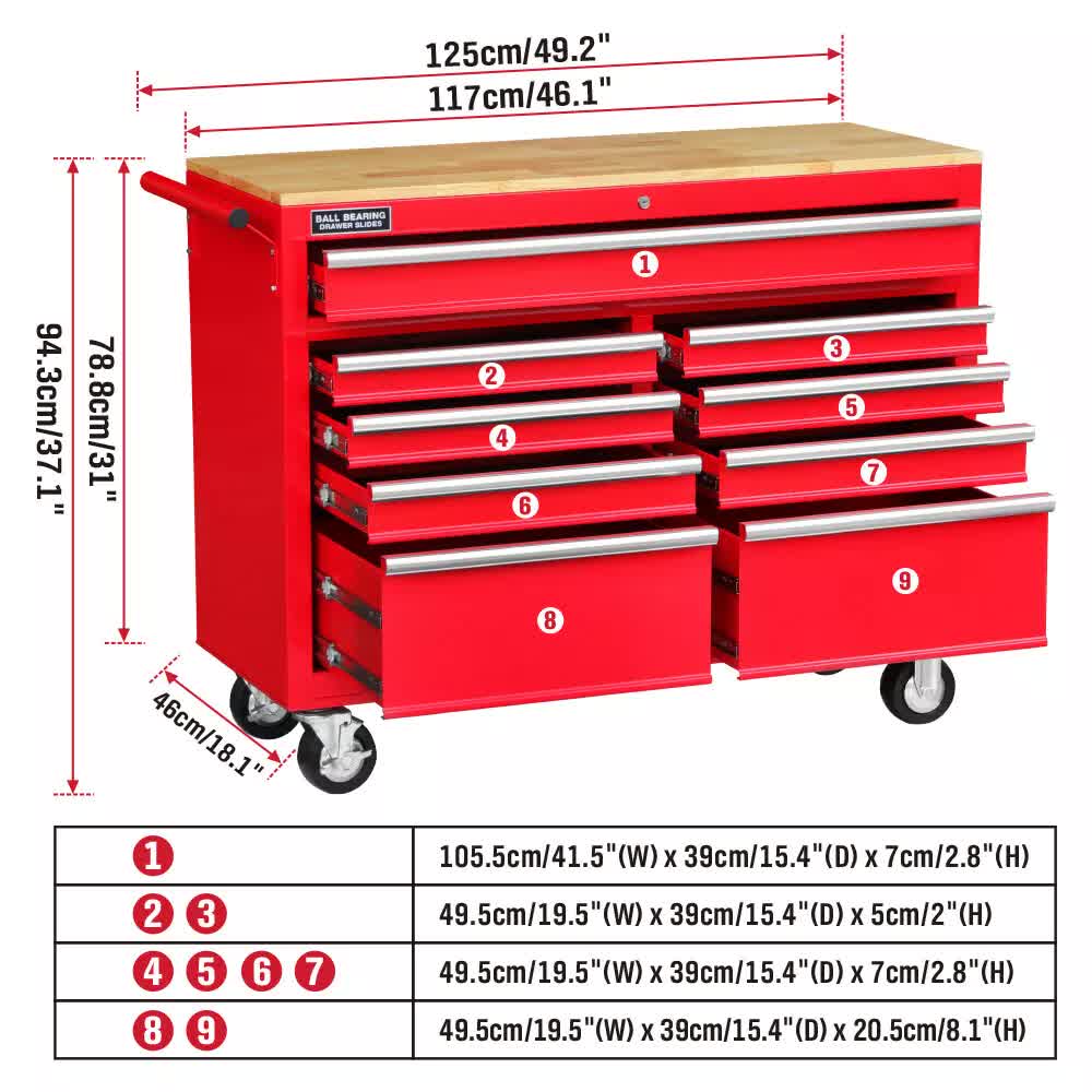 9-Drawer Tool Box Chest Cabinet | Trolley Box for Garage Storage | Red | 1000lbs Capacity