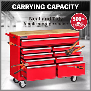 9-Drawer Tool Box Chest Cabinet | Trolley Box for Garage Storage | Red | 1000lbs Capacity