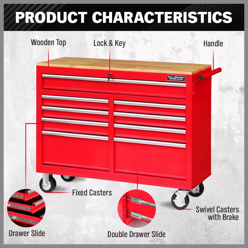 9-Drawer Tool Box Chest Cabinet | Trolley Box for Garage Storage | Red | 1000lbs Capacity