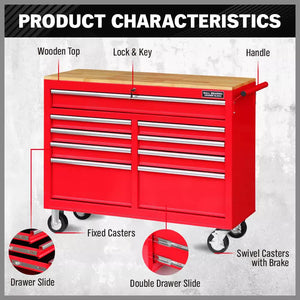 9-Drawer Tool Box Chest Cabinet | Trolley Box for Garage Storage | Red | 1000lbs Capacity