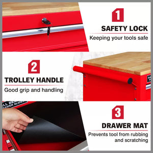 9-Drawer Tool Box Chest Cabinet | Trolley Box for Garage Storage | Red | 1000lbs Capacity
