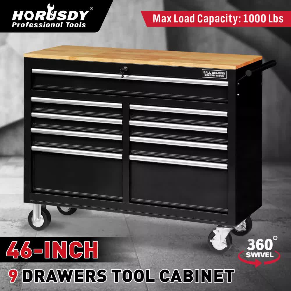 HORUSDY 9-Drawer Tool Box Chest Cabinet | Trolley Box for Garage Storage | Black
